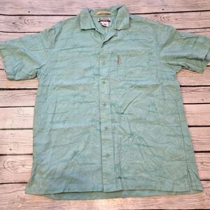 Columbia Shirt Mens Size Medium Teal Blue River Lodge Palm Tree Fish Camp